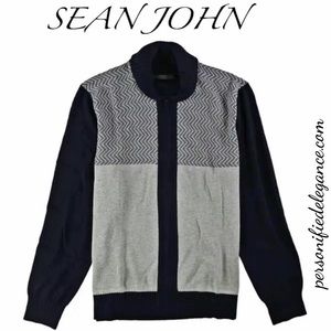 NEW Sean John Zig-Zag Navy Gray Colorblock Zip Cardigan Sweater Size M or L